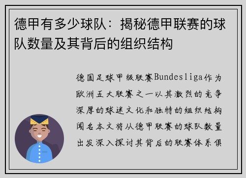 德甲有多少球队：揭秘德甲联赛的球队数量及其背后的组织结构